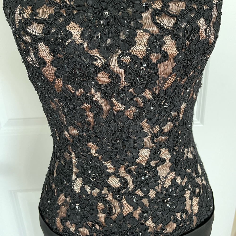 Gorgeous black lace gown with drop waist rhinestone and satin bottom, size 6 - Picture 2 of 7